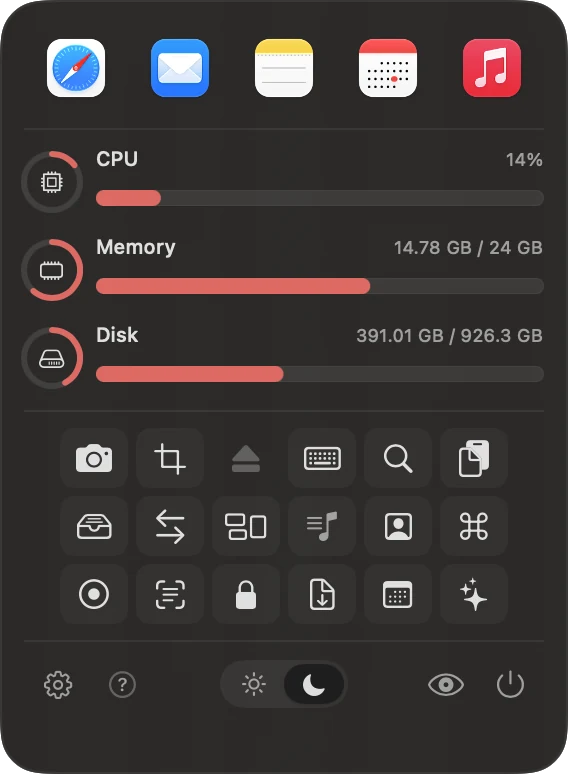 The CodeMerge main window: app shortcuts, CPU, memory and disk, and a grid of tools