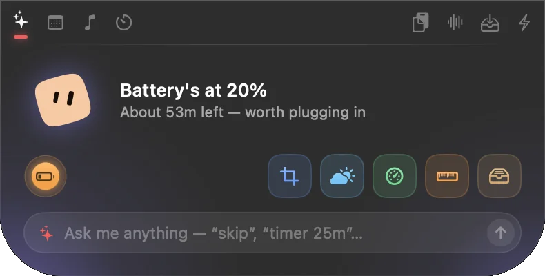 The CodeMerge notch panel open on its Home screen: the mascot, a status line, five widgets and a chat field
