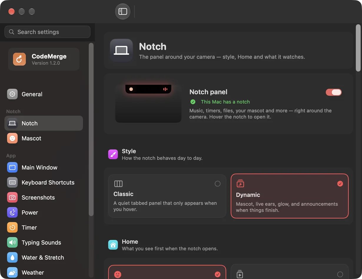 CodeMerge Settings, Notch page