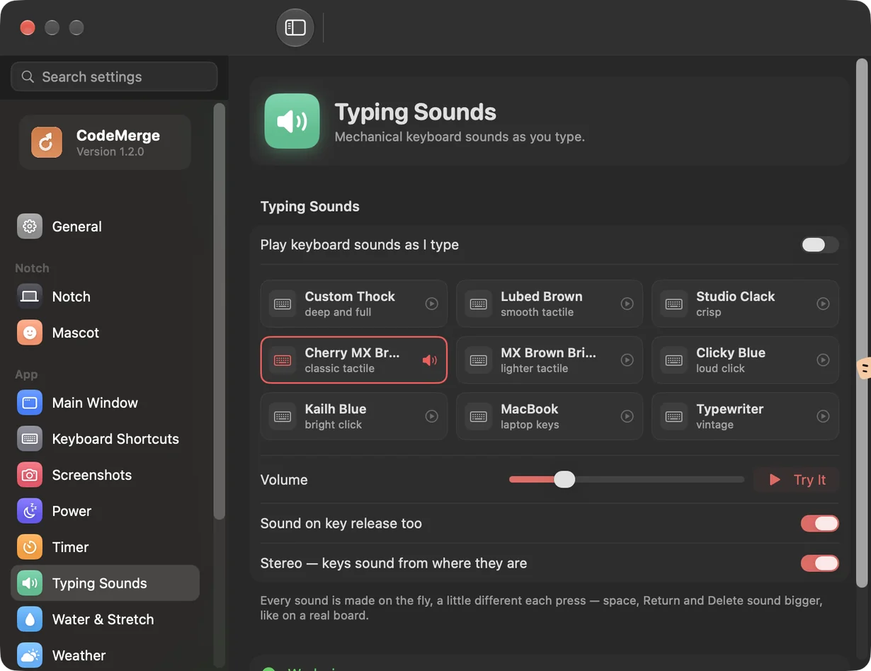 CodeMerge Settings, Typing Sounds page with nine recorded keyboards